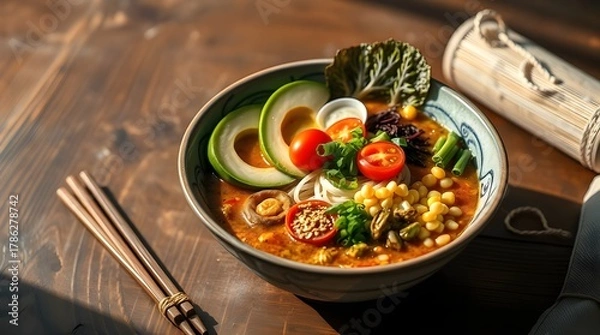 Fototapeta Stir fried vegetables and pasta with herbs in a pan for a healthy dinner.
