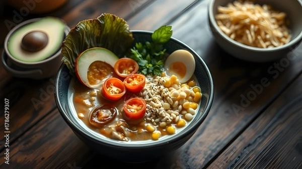 Fototapeta Stir fried vegetables and pasta with herbs in a pan for a healthy dinner.