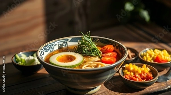 Fototapeta Stir fried vegetables and pasta with herbs in a pan for a healthy dinner.