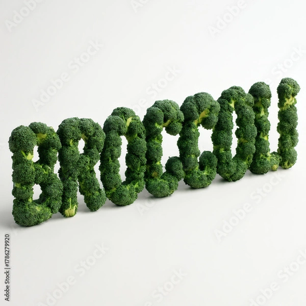 Obraz The word “BROCCOLI” formed using realistic broccoli florets and stems, with natural green texture and soft shadows, isolated on pure white background — fresh, healthy food typography concept
