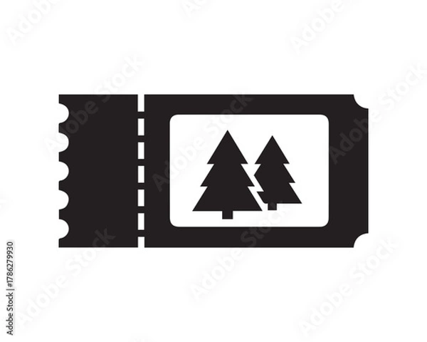 Obraz Black ticket icon with two pine trees inside, isolated on white background