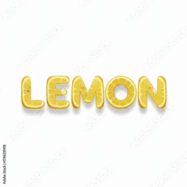Fototapeta The word “LEMON” created from juicy lemon slices and peels with bright yellow texture and glossy highlights, isolated on pure white background — fresh, citrus-themed food typography design