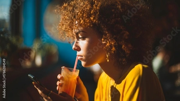 Obraz A young woman with vibrant curly hair sips a refreshing cocktail, illuminated by warm sunlight, whil