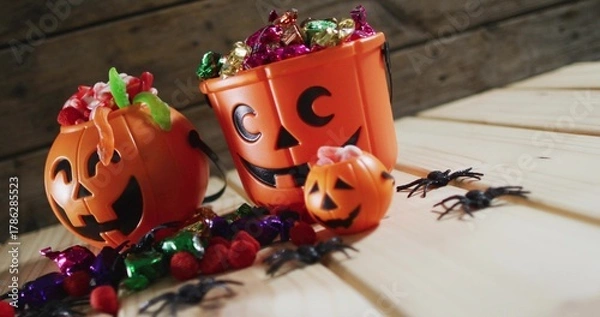 Fototapeta Displaying three orange jack-o'-lantern buckets on light wooden table with foil chocolates, spiders