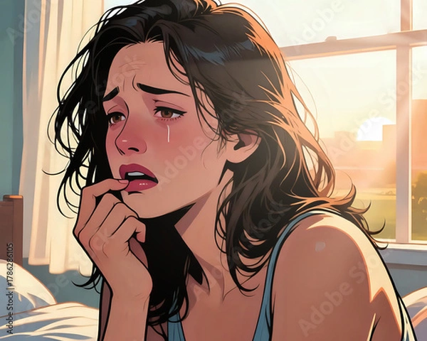 Fototapeta Sad woman crying A distressed woman with messy hair crying near a window, emotional and vulnerable, capturing feelings of sadness, heartbreak, or anxiety.