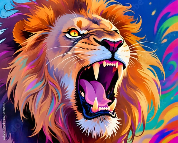 Fototapeta Colorful roaring lion art A vibrant digital illustration of a roaring lion with multicolored mane symbolizing strength, courage, and artistic expression.