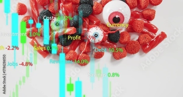 Fototapeta Showing red black candy pile with white eyeballs on white sheet, displaying candlestick data