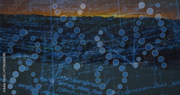 Obraz Displaying blue nodes forming helix strands over dark ridge at sunset, with grid and code lines