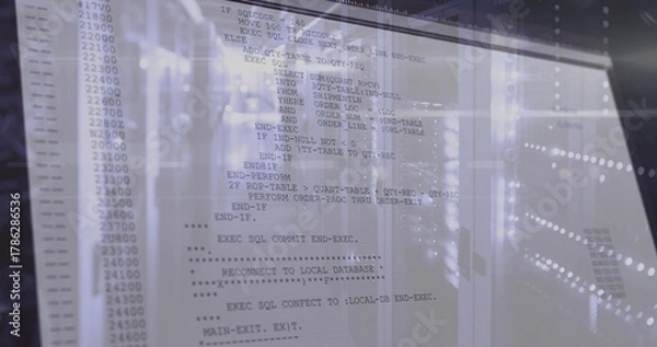 Obraz Displaying translucent code column overlaying server racks, showing LED status lights and glass