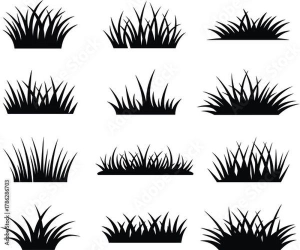 Fototapeta Collection of black grass silhouettes for design elements and creative projects in nature landscapin