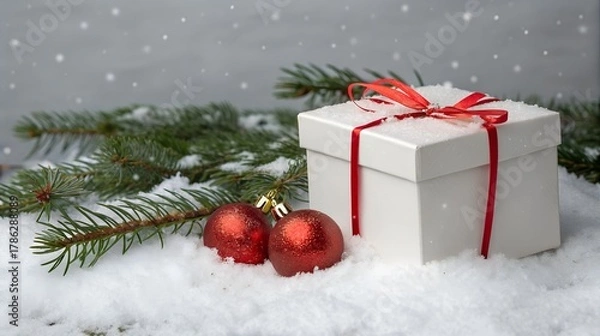 Obraz Christmas gift box with red ribbon and snow background