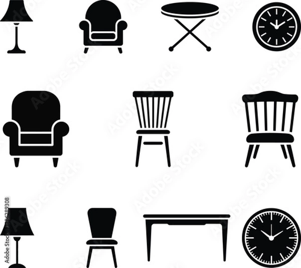 Obraz Collection of furniture and decor elements including chairs tables lamps and clocks in simple black 
