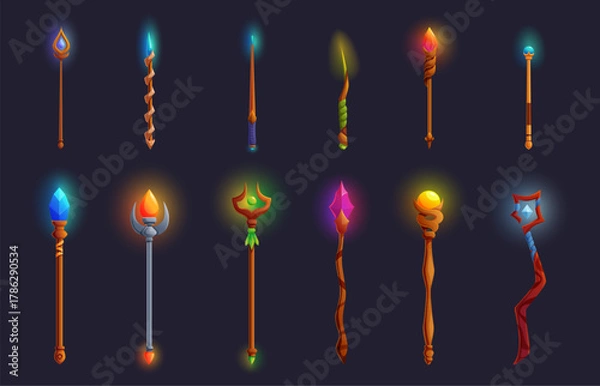 Obraz Wizard wooden staff. Magic wands, wooden metal staffs with gemstones. Witch tools for spells. Fairy tale cartoon elements, game design sapid vector set
