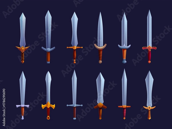 Obraz Medieval swords. Cartoon ancient sword game design elements. Knight viking warrior equipment. War iron assets with wooden handles, sapid vector set