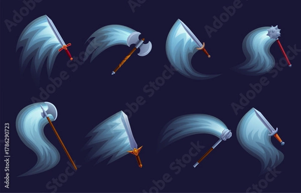 Obraz Cartoon weapon attack light effect. Hit shining effects from hammer axe sword. Iron warrior weapons, viking hits. War medieval game design sapid vector set