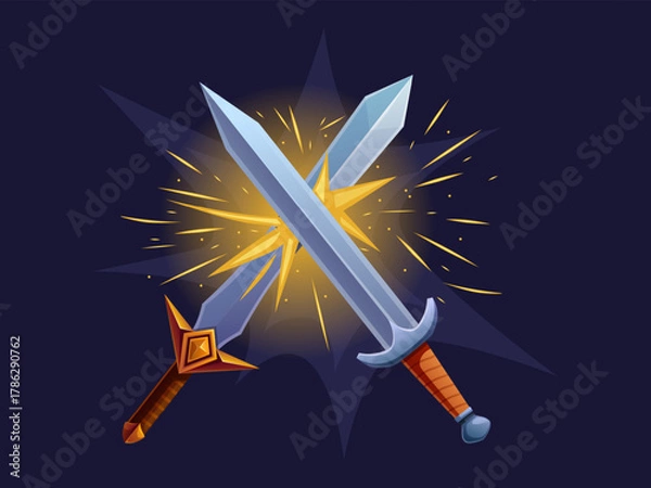 Obraz Swords battle cross with light effect. Fiery sparks from iron. Ancient warriors, medieval knight or viking battles element, steel strike, sapid vector scene