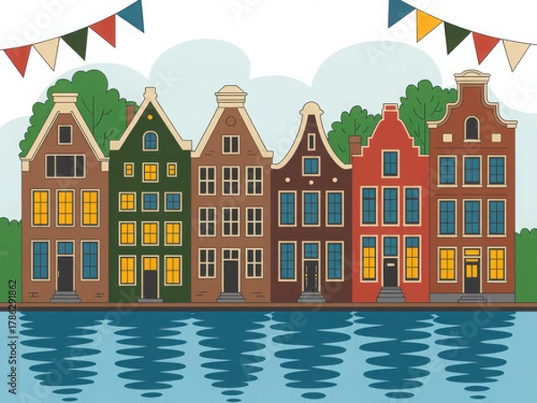 Fototapeta Colorful European canal houses with festive bunting 