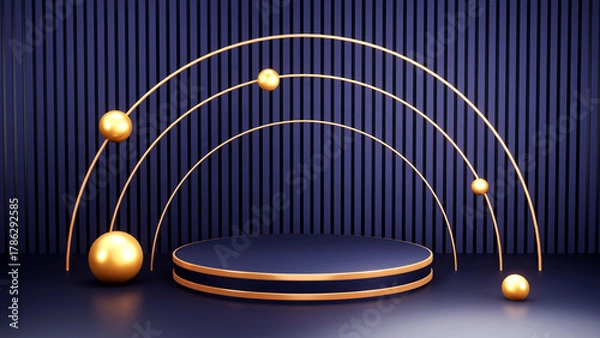 Fototapeta Abstract geometry shape podium, blue and gold pastel product stand presentation with minimal style. 3d rendering illustration.