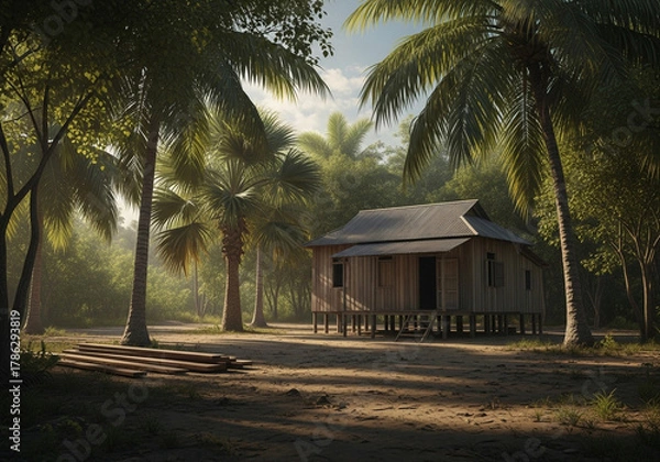 Obraz A rustic wooden hut nestled amongst lush palm trees in a tropical jungle setting, bathed in soft sunlight