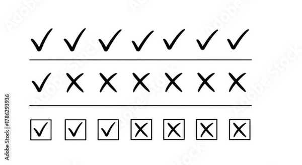 Obraz A collection of handdrawn checkmarks and crosses arranged in rows, symbolizing correct and incorrect choices or options