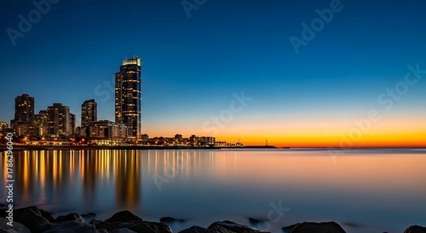 Obraz Skyline of mumbai city at dusk with lights reflecting on the water
