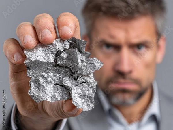 Fototapeta Crumpled metallic paper held by serious man in business attire with focused expression against gray background, emphasizing texture and material properties.