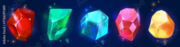 Fototapeta Game crystal gem collection with magic precious diamond gemstones in vibrant colors - glowing jewel stones on dark background. Fantasy treasure assets for rpg ui, mobile puzzle or match 3 games.