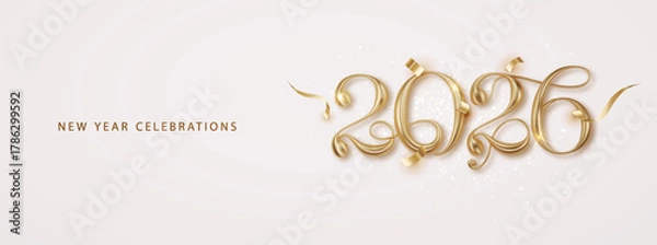 Fototapeta New Year Celebration 2026 golden realistic number. Happy new year festive sparkling banner.