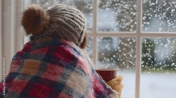 Fototapeta woman sitting near window with blanket and hot drink watching snowfall 