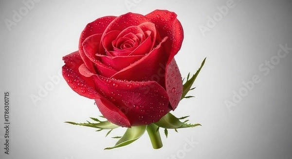 Fototapeta A captivating red rose with delicate water droplets adorning its velvety petals, symbolizing love, beauty, and passion, isolated on white background