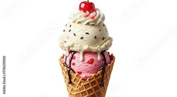 Fototapeta Delicious ice cream cone with cherry on top isolated on white background the perfect treat for a hot day, featuring strawberry and vanilla flavors
