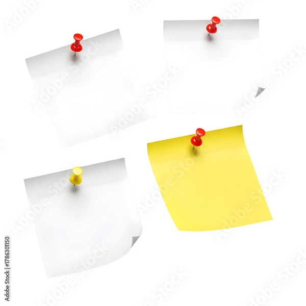 Obraz Set of blank paper notes pinned with red and yellow pushpins.