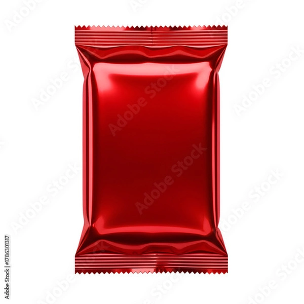 Obraz Shiny red metallic snack bar wrapper mockup isolated on white.