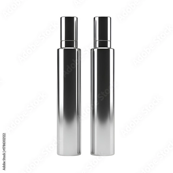 Obraz Two sleek silver spray bottles standing upright against a white background.