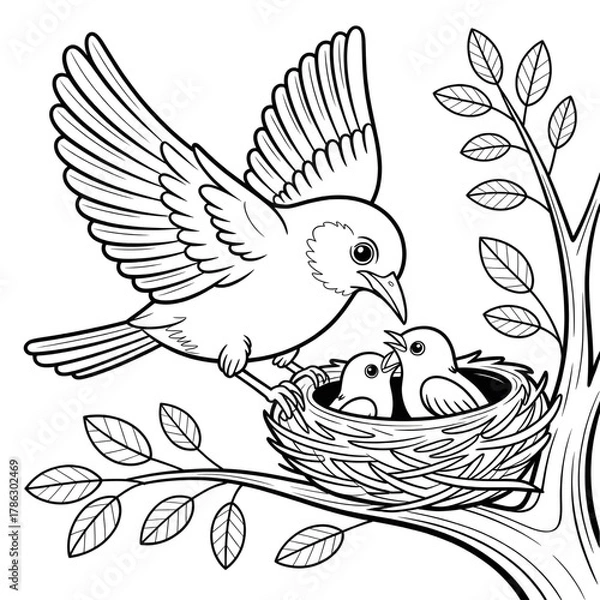 Obraz Cute Bird Feeding Nest Coloring Page for Kids, Nature, and Animal Lovers vector style 

