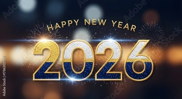 Obraz Sparkling golden and blue 2026 happy new year text with bokeh lights and glitter effect