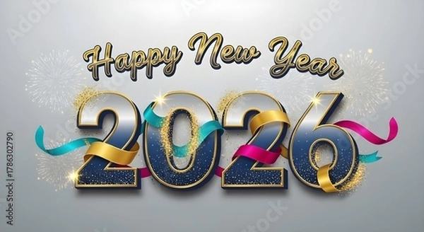 Fototapeta Happy new year 2020 with festive ribbons and sparkling text on a textured background
