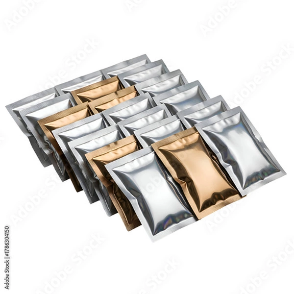 Fototapeta Array of various metallic foil pouches arranged in a diagonal pattern.