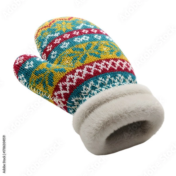 Obraz A single colorful knitted winter mitten with a traditional Nordic pattern.
