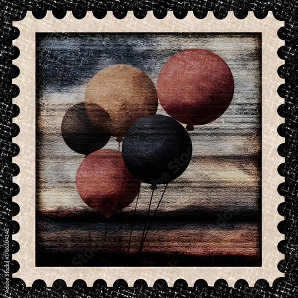 Obraz Holiday postage stamp featuring colorful balloons against a vibrant sunset sky