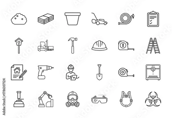 Fototapeta Construction and industrial line icon set. Vector pictograms of various tools, safety equipment, manufacturing machines, gardening elements, thin linear illustration.