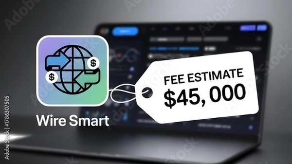 Fototapeta Wire Smart Global Money Transfer Concept: Fee Estimate for International Transaction with Digital Earth and Currency Icon on a Futuristic Finance App.