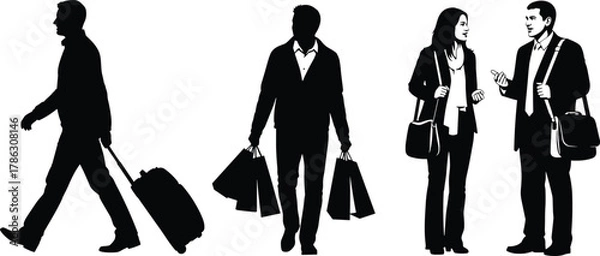 Fototapeta Business people silhouette vector set, man walking with suitcase, shopping bags, talking colleagues, professional lifestyle illustration, travel and communication concept