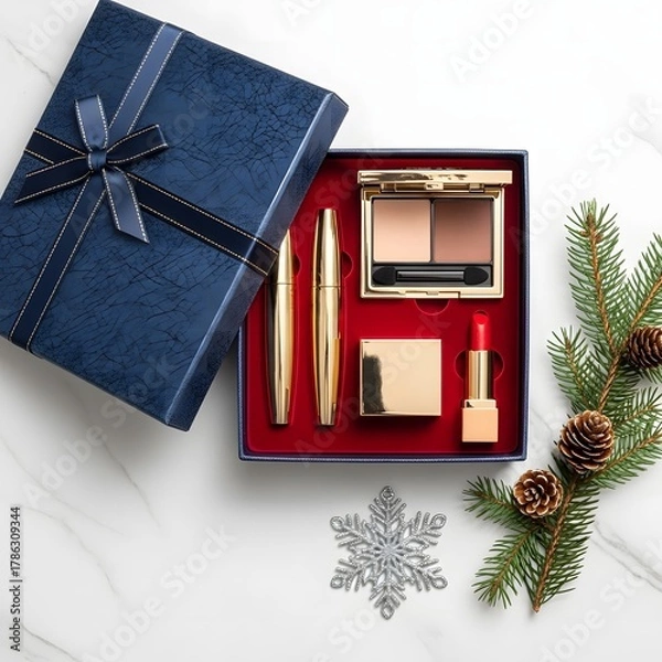 Fototapeta A blue gift box containing makeup products with christmas decorations on a marble surface top view