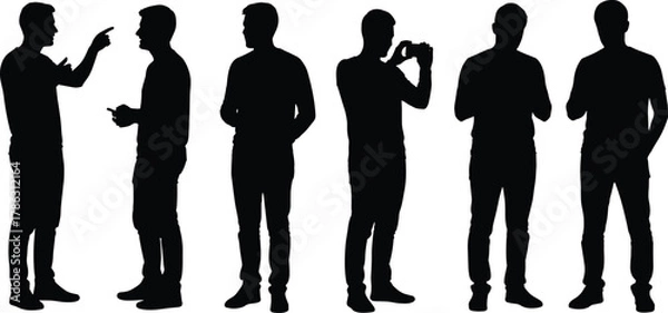 Fototapeta Men silhouettes standing and talking, taking photos and using smartphones, communication and technology concept, casual male figure vector illustration