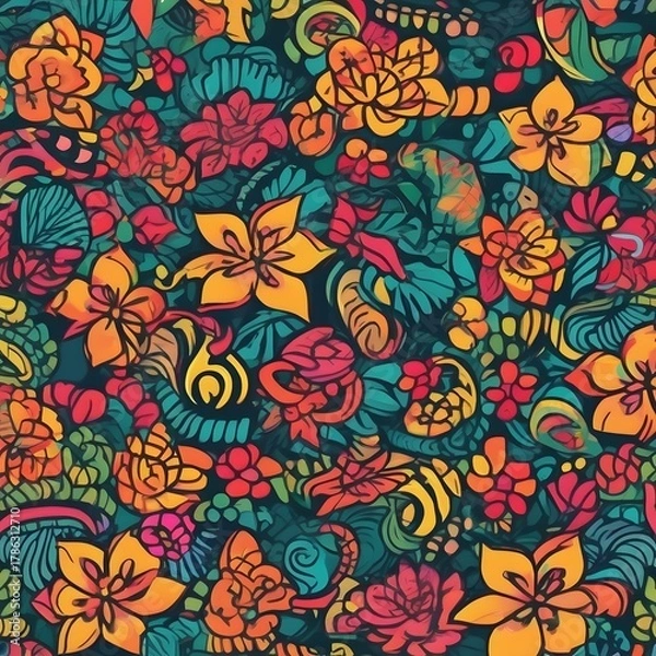 Fototapeta Vibrant Tropical Bloom Pattern Lively Floral Ornamentation Intricate Botanical Design Exuberant Garden Motif Seamless Wallpaper