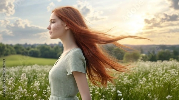 Obraz A woman with vibrant red hair, wearing a light green dress, standing in a field of tall grass, with the sun setting in the background