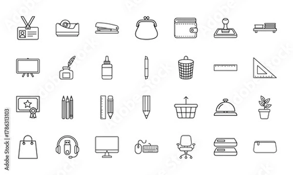 Fototapeta Office and education line icon set. Vector pictograms of ID card, stapler, wallet, whiteboard, pencils, diploma, headphones, and office chair, thin linear illustration.
