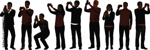 Fototapeta People standing and taking photos with smartphones, modern lifestyle silhouette vector illustration, communication and mobile technology concept design