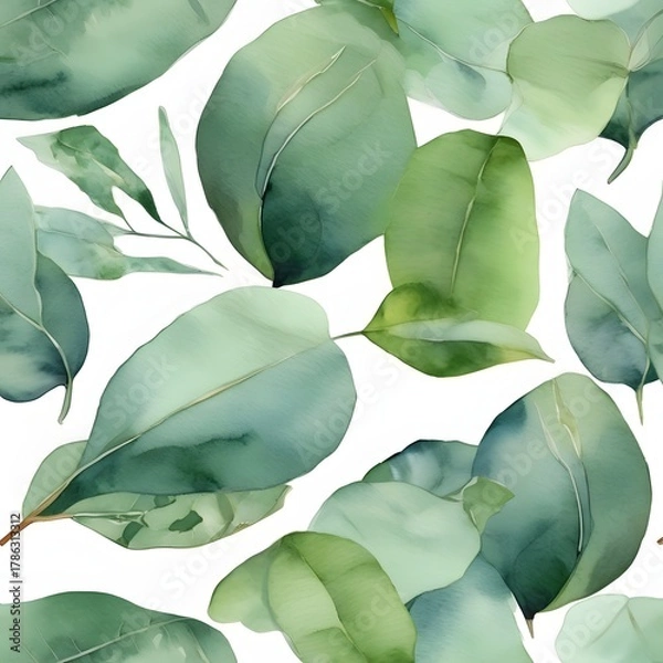 Fototapeta Green Eucalyptus Leaves Seamless Pattern Watercolor Style White Background Botanical Foliage Texture